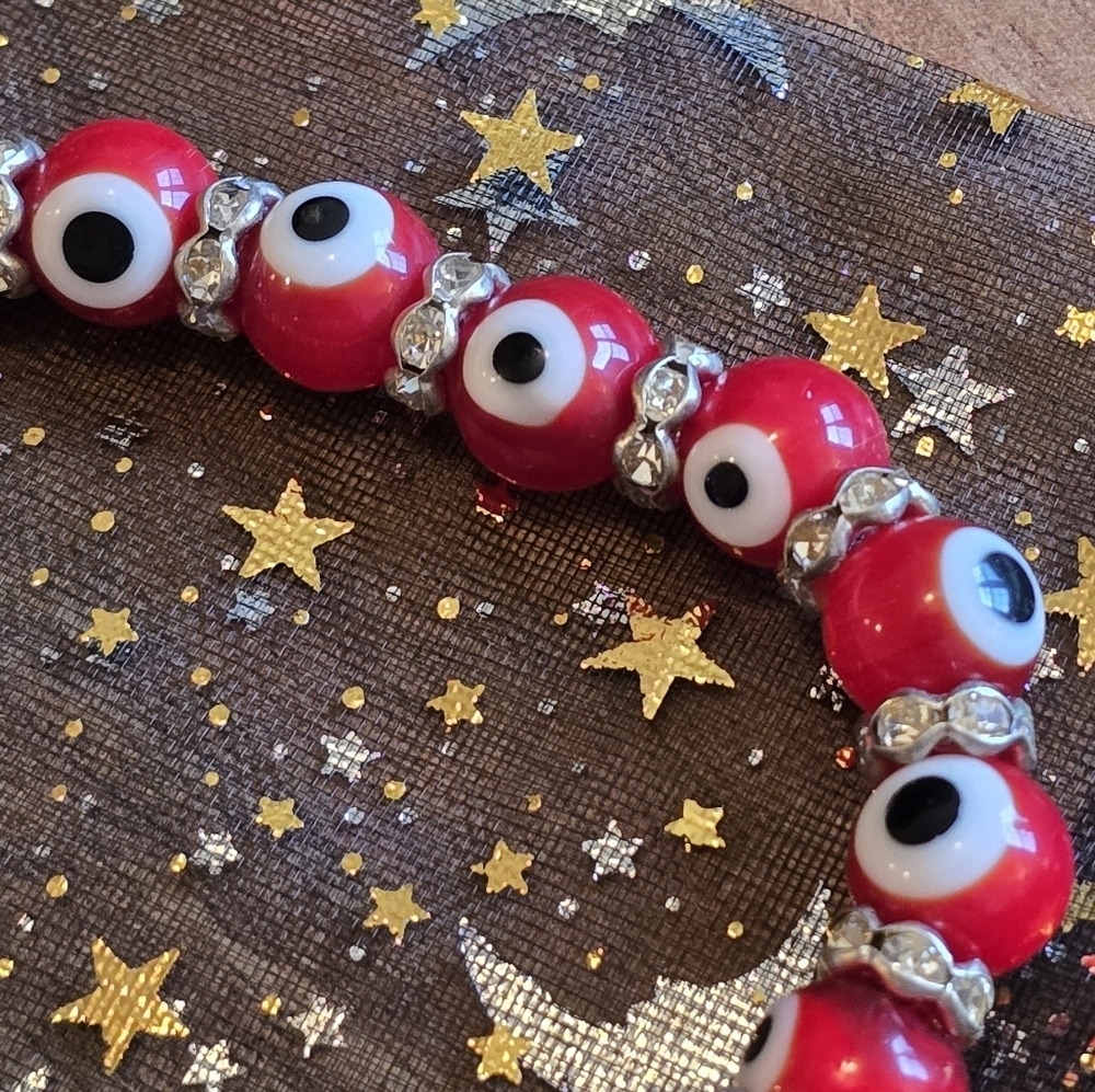 Colorful Turkish Glass Bead Evil Eye Stretch Bracelet with Crystal - Picture 2 of 4